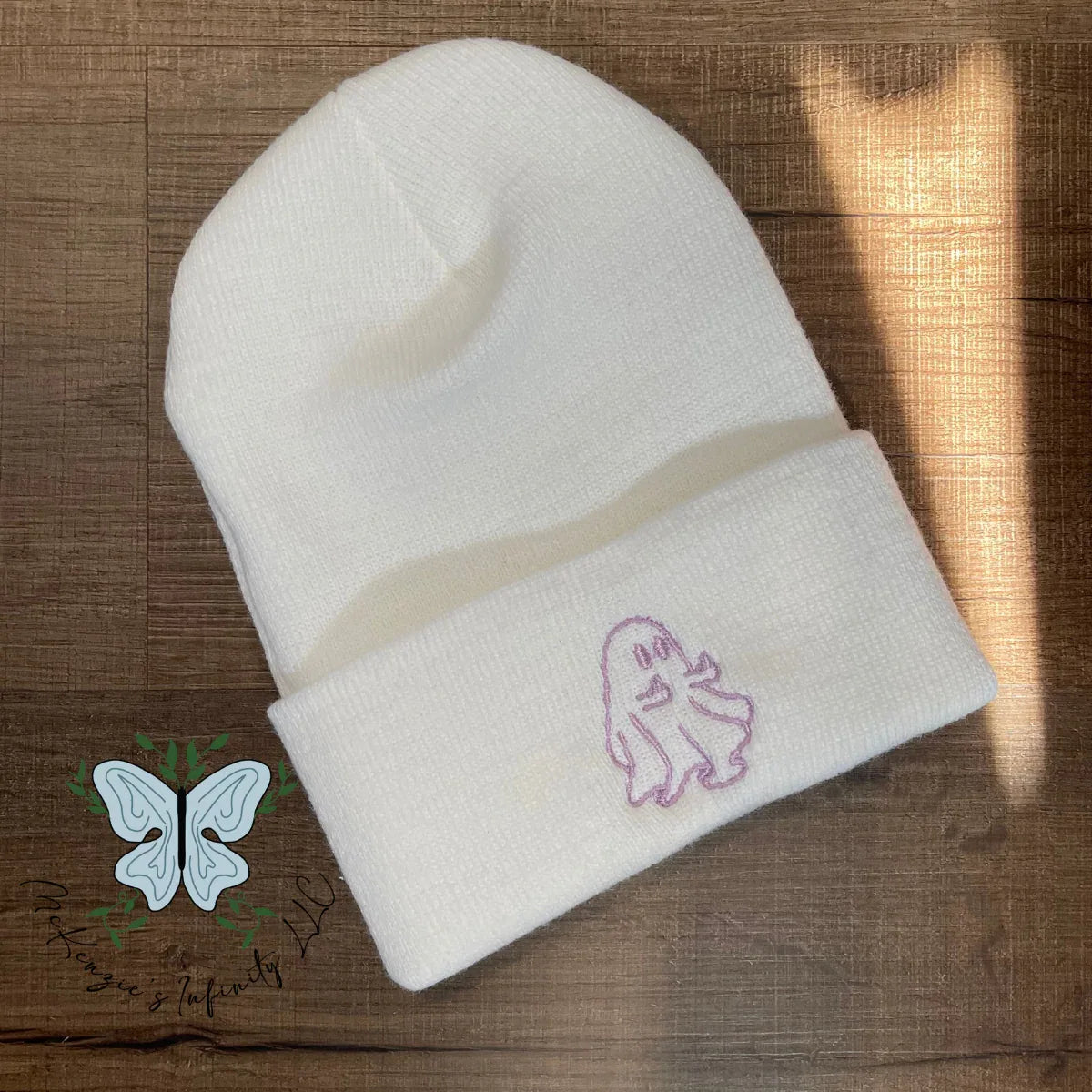 Middle Finger Ghost Embroidered Beanie - White - McKenzie's Infinity
