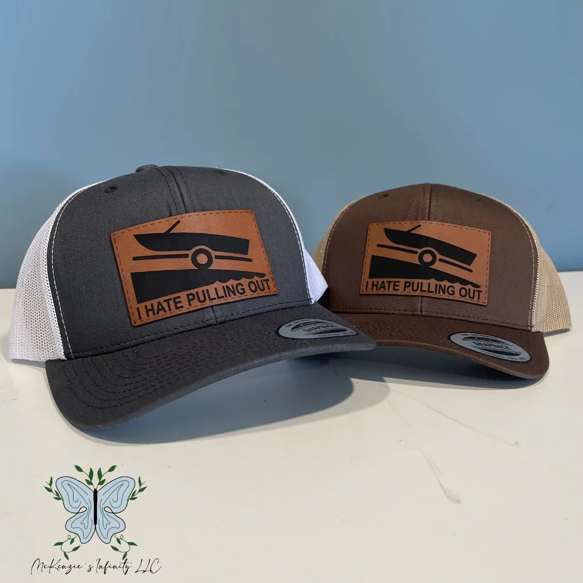 I Hate Pulling Out Boating Leather Patch (HEATHER GREY/WHITE) Adult Retro Trucker Hat/Cap - McKenzie's Infinity