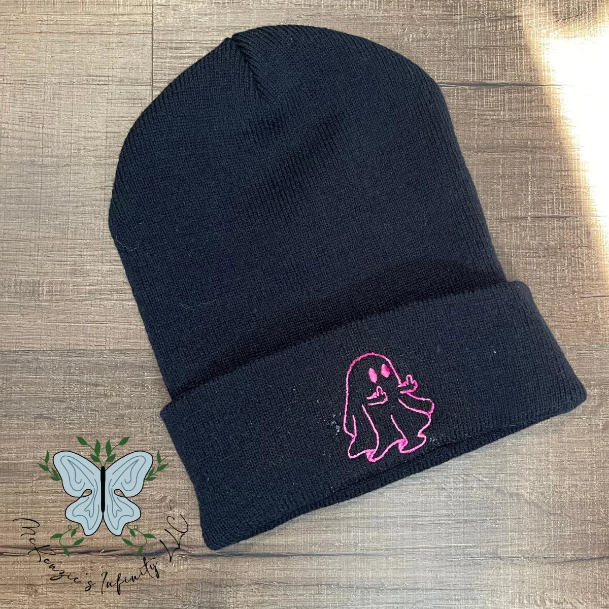 Middle Finger Ghost Embroidered Beanie - Black - McKenzie's Infinity