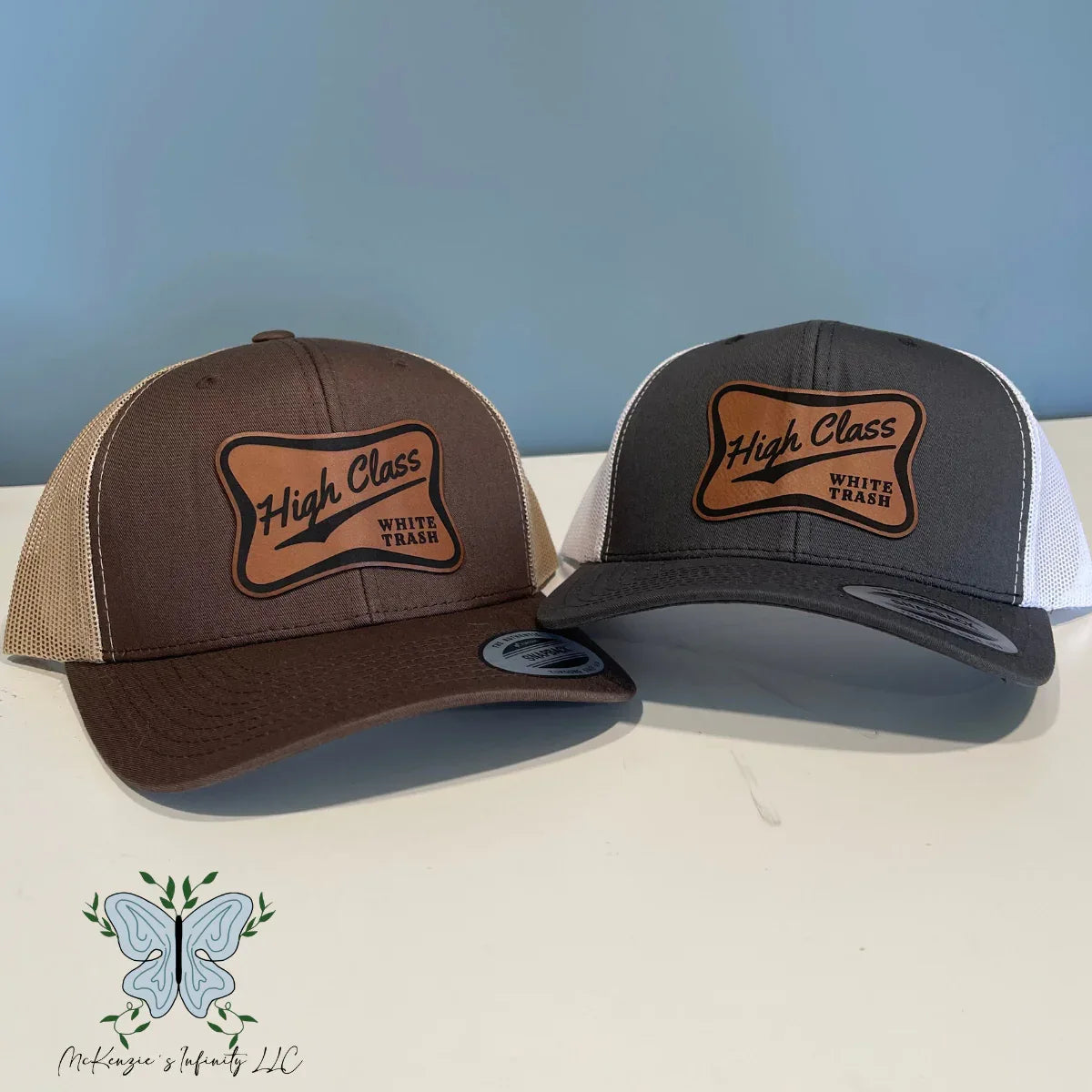 High Class White Trash Leather Patch Adult Retro Trucker Hat/Cap - McKenzie's Infinity