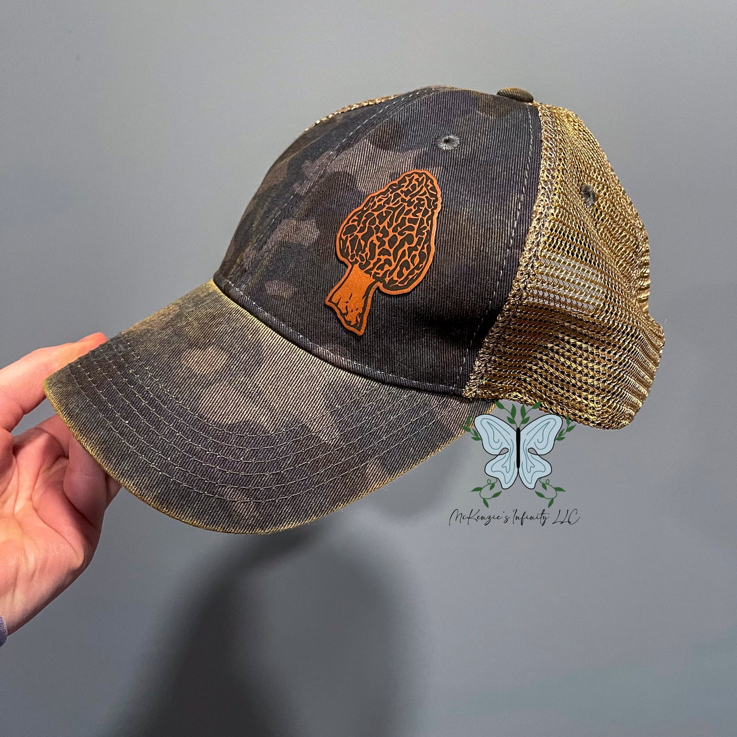 Women's Morel Mushroom Leather Patch Legacy Old Favorite Trucker Hat/Cap - Navy Field Camo/Java