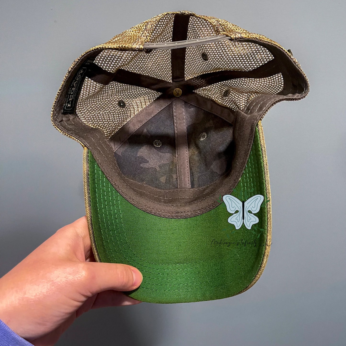 Women's Morel Mushroom Leather Patch Legacy Old Favorite Trucker Hat/Cap - Navy Field Camo/Java - McKenzie's Infinity
