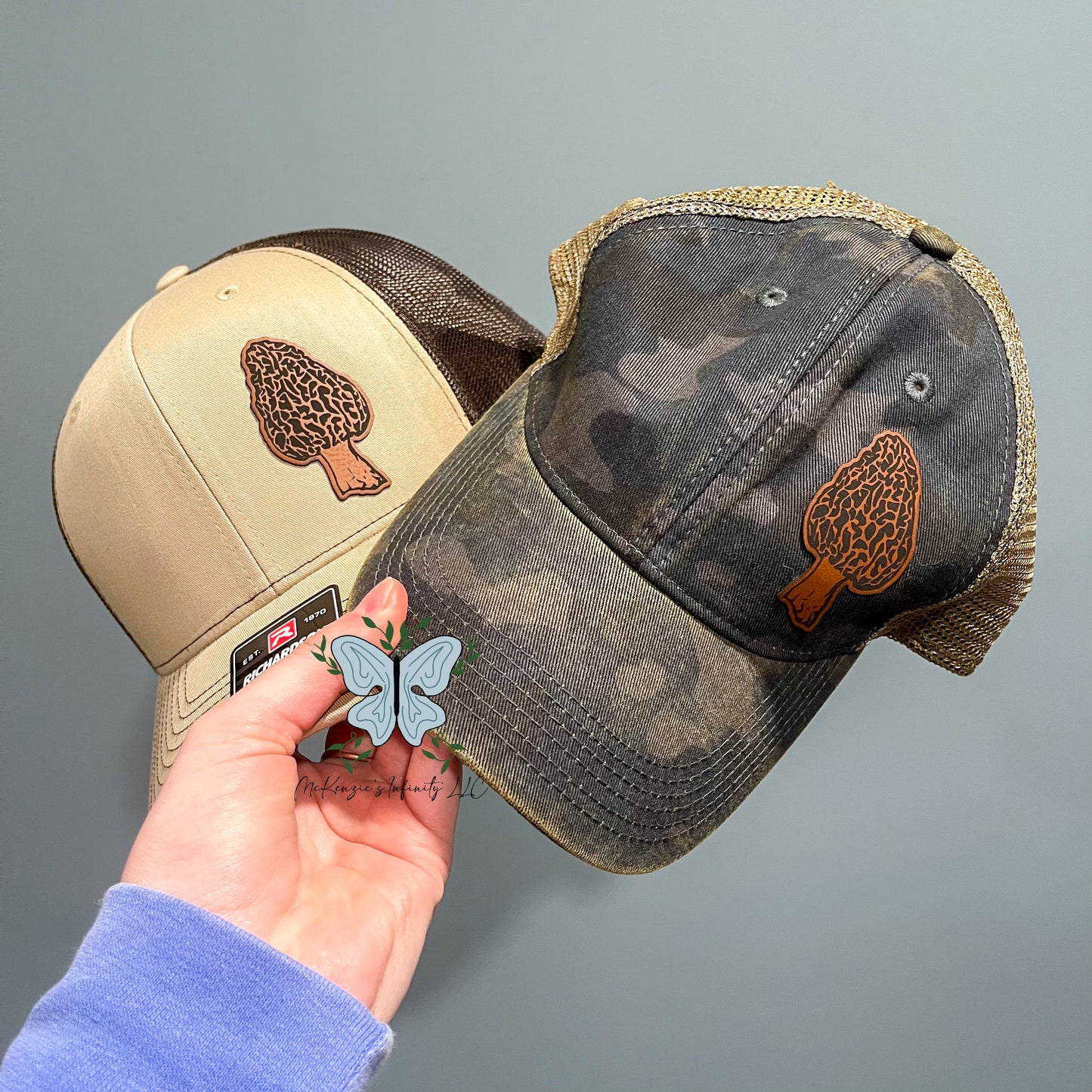 Women's Morel Mushroom Leather Patch Legacy Old Favorite Trucker Hat/Cap - Navy Field Camo/Java