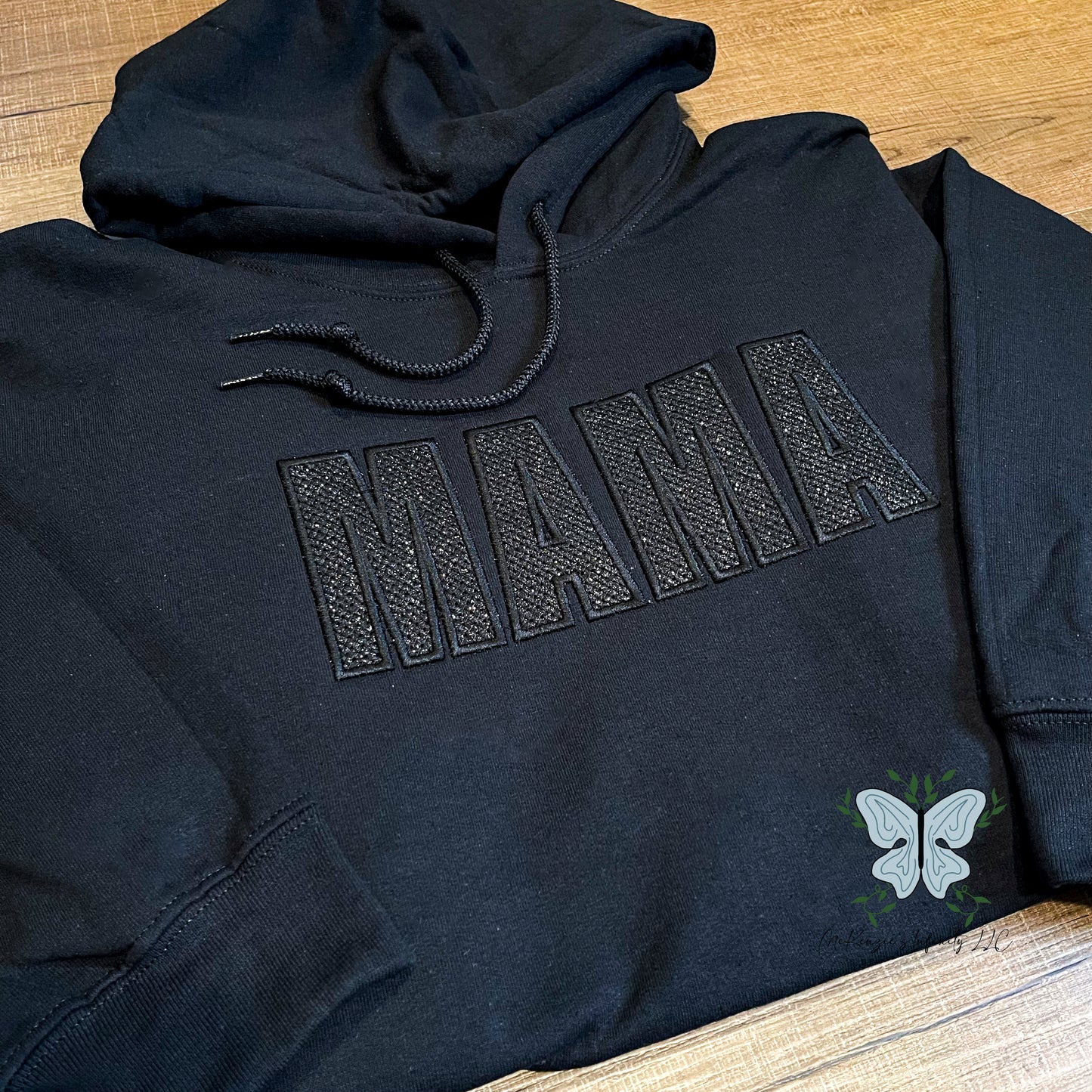 Mama Black Stitch Filled Embroidered Glitter Vinyl Hooded Sweatshirt