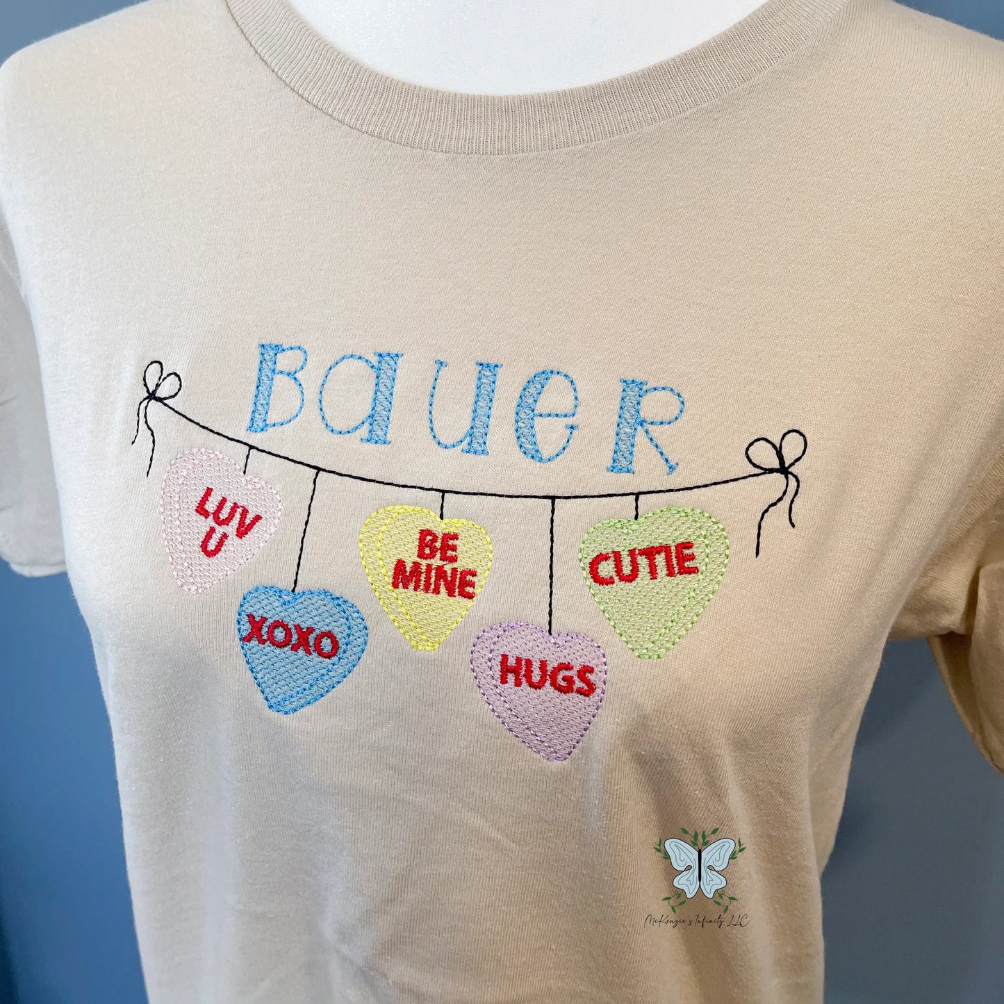 Youth Valentines String of Candy Hearts Personalized Embroidered T-shirt/Short Sleeve Shirt - McKenzie's Infinity