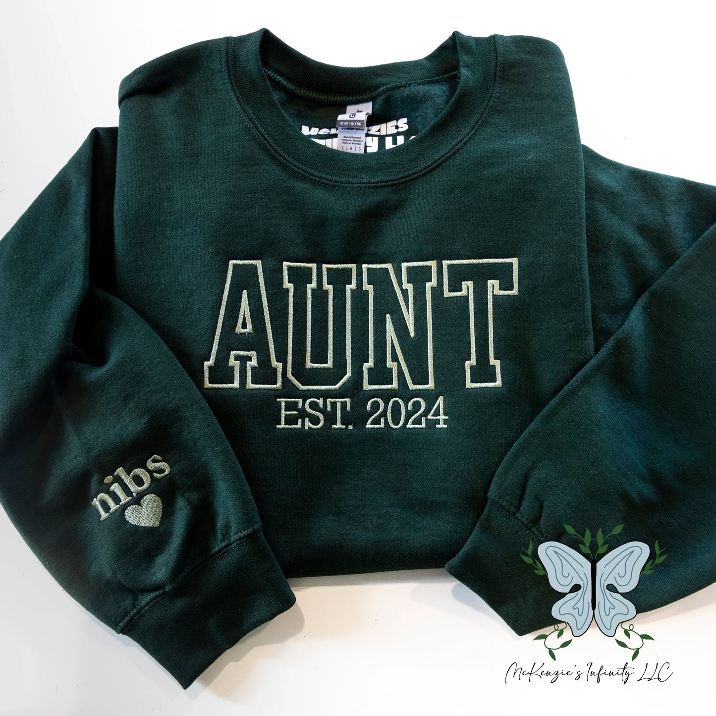 Auntie Embroidered Crewneck Sweatshirt - Personalized Year & Sleeve Options - McKenzie's Infinity