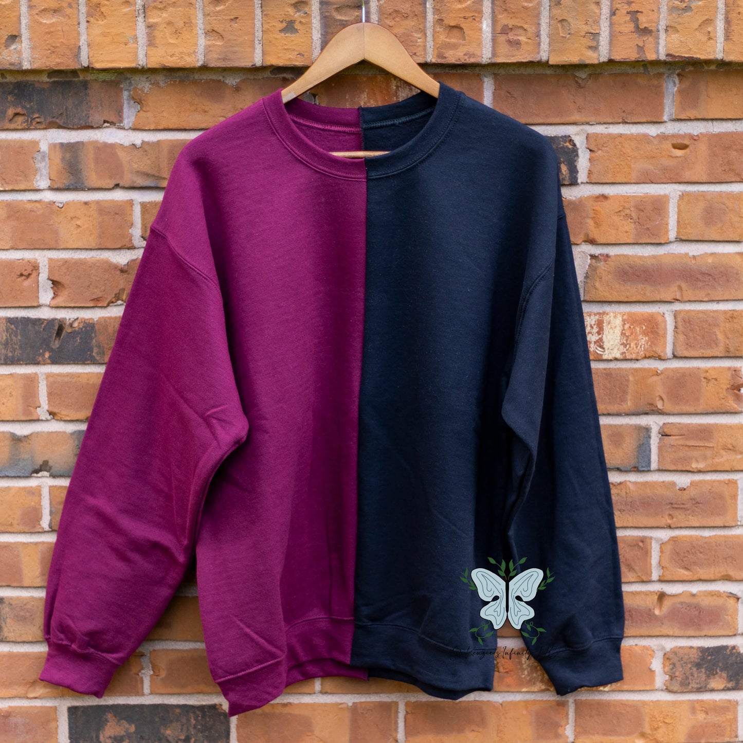 Maroon & Black Split Colored, Two-Toned, Crewneck Sweatshirt - McKenzie's Infinity