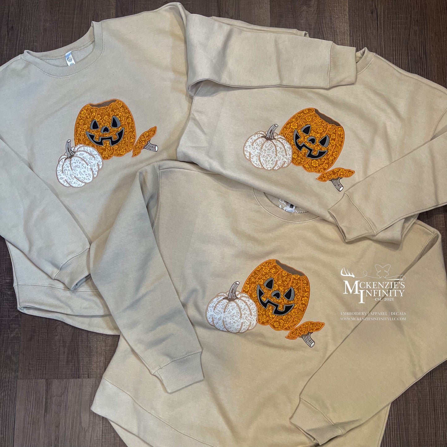 Fall Pumpkin Appliqué Embroidered Curve Bottom Crew