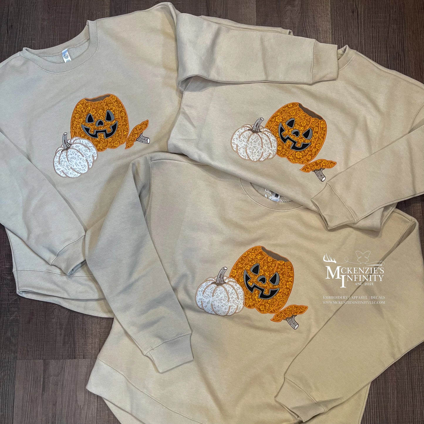 Fall Pumpkin Appliqué Embroidered Curve Bottom Crew - McKenzie's Infinity