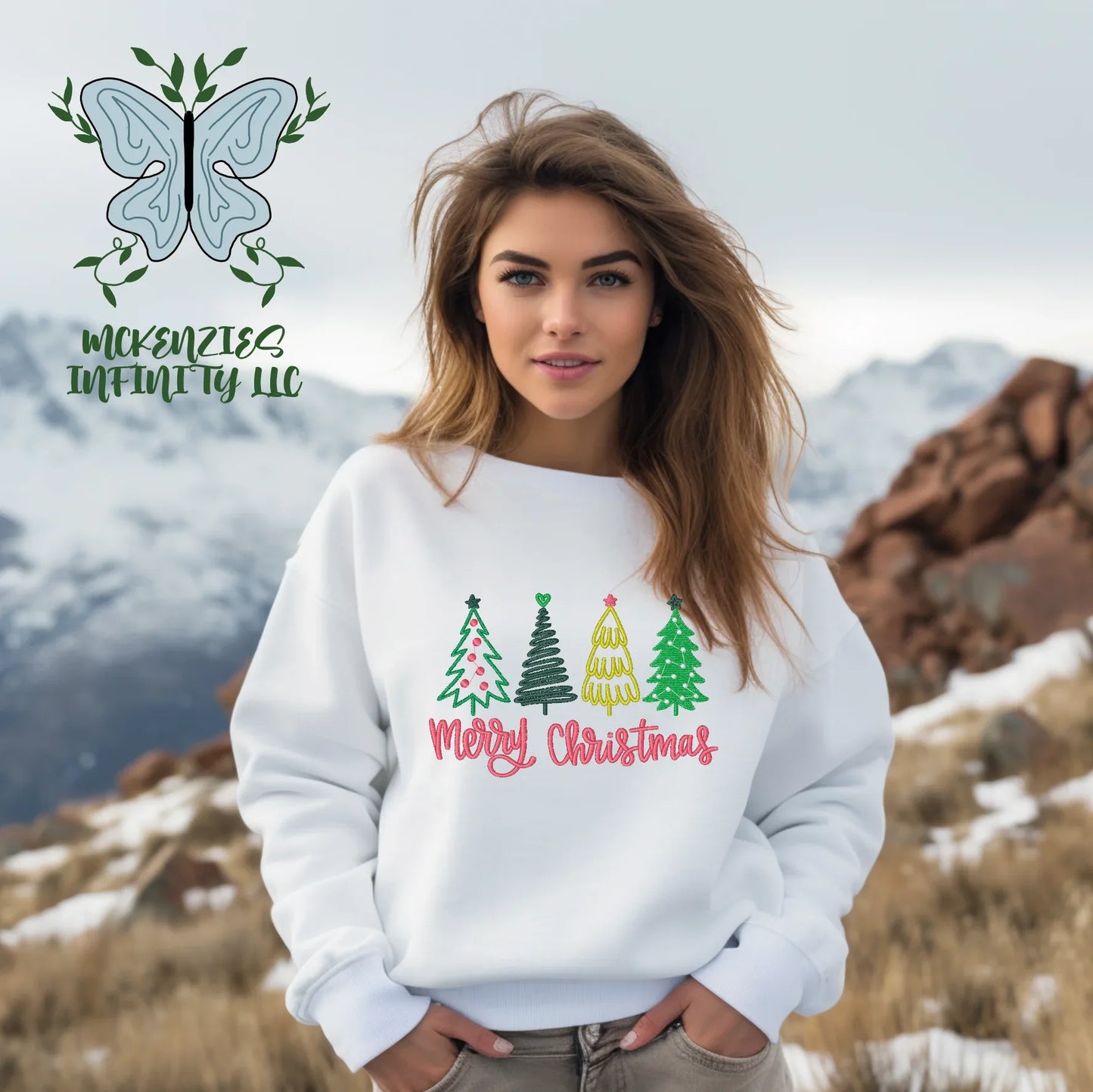 Merry Christmas Trees Embroidered Crewneck Sweatshirt - McKenzie's Infinity