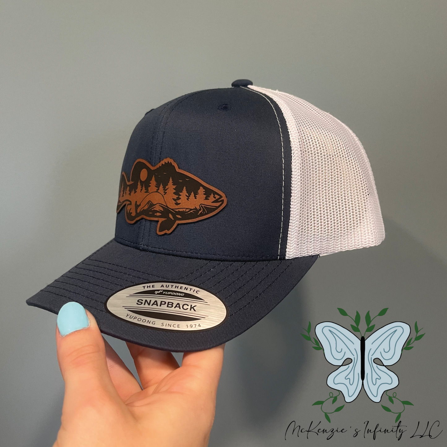 Bass Fish Mountain Leather Patch Adult Unisex Retro Trucker Hat/Cap