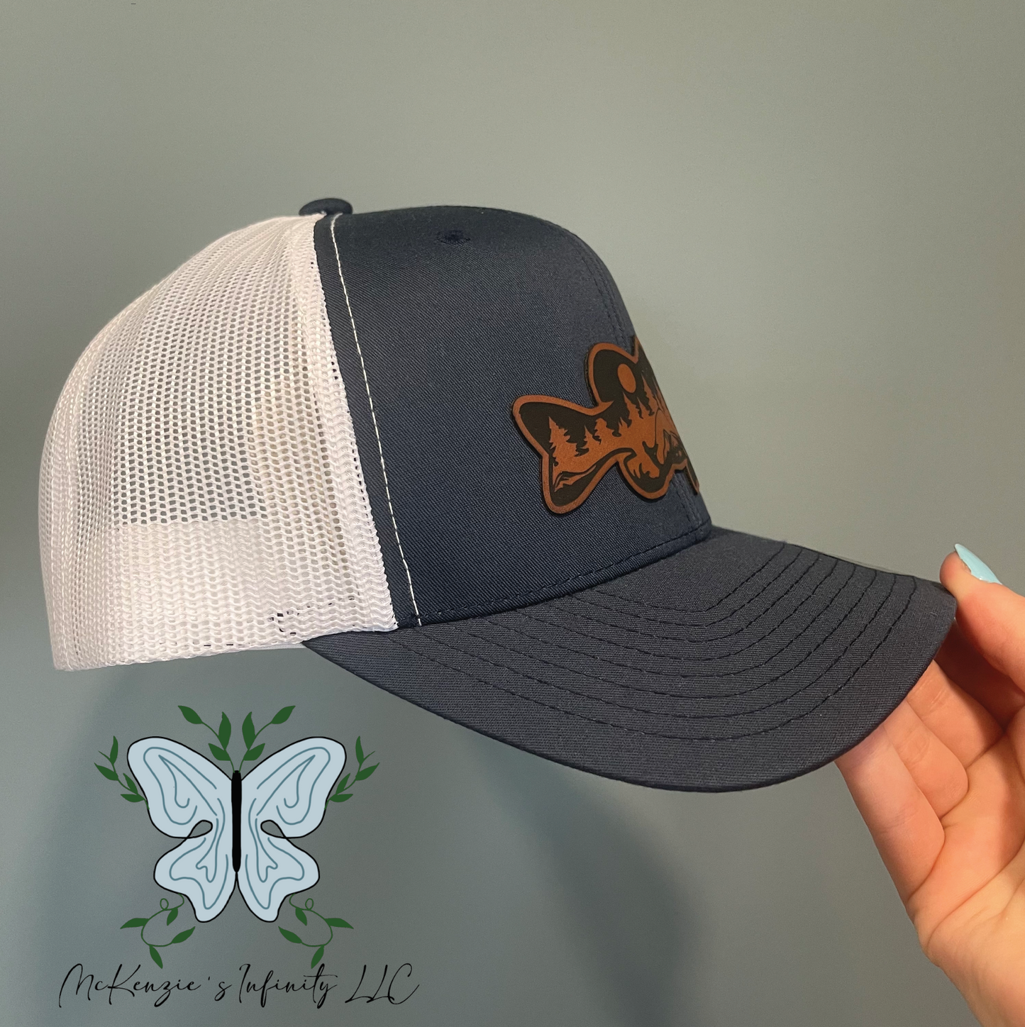 Bass Fish Mountain Leather Patch Adult Unisex Retro Trucker Hat/Cap