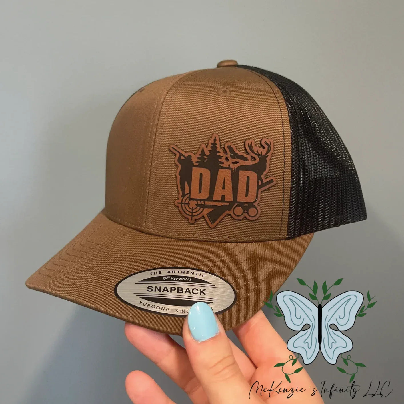 DAD Hunting Leather Patch Adult Retro Trucker Hat/Cap - Coyote Brown - McKenzie's Infinity