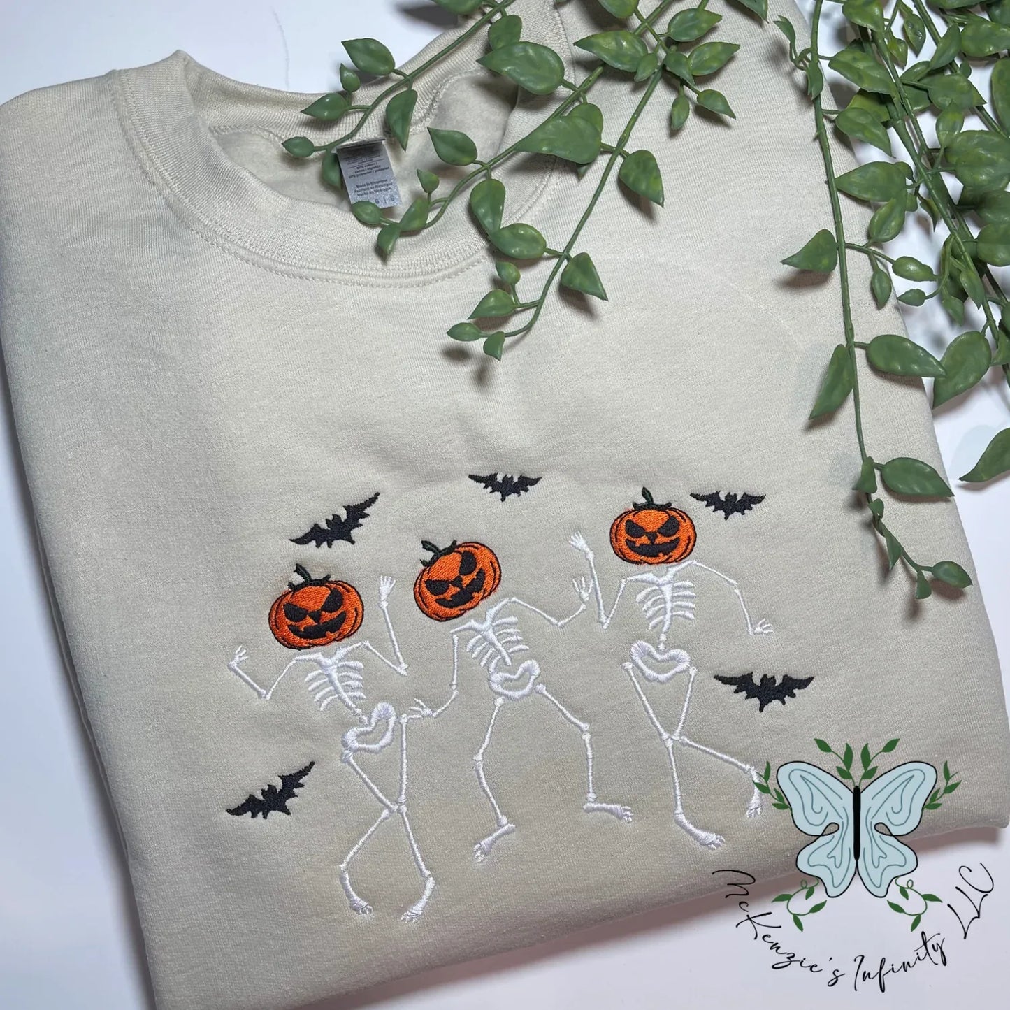 Spooky Pumpkin Head Dancing Skeletons Embroidered Crewneck - McKenzie's Infinity