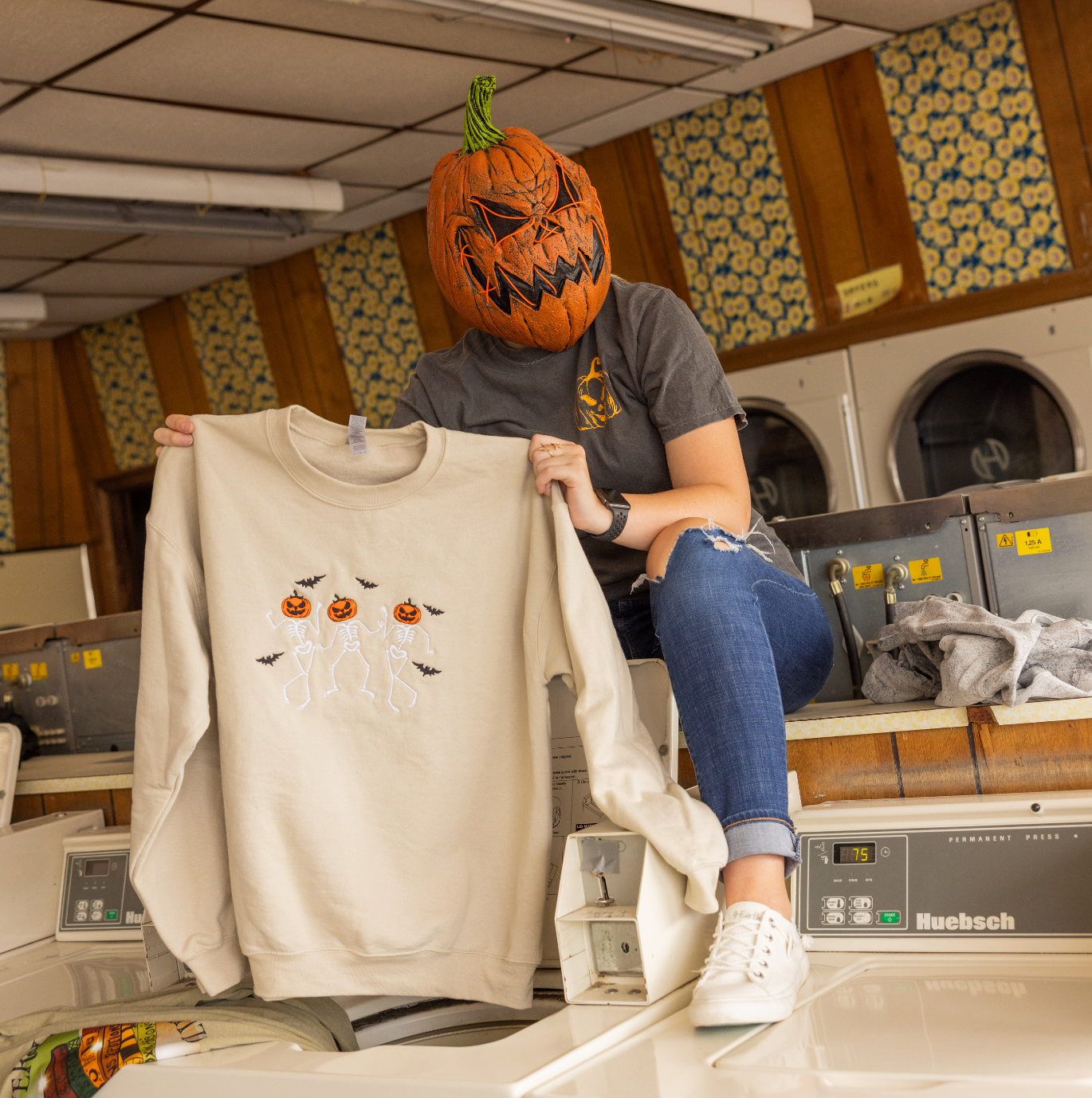 Pumpkin Head Dancing Skeletons Embroidered Crewneck Sweatshirt