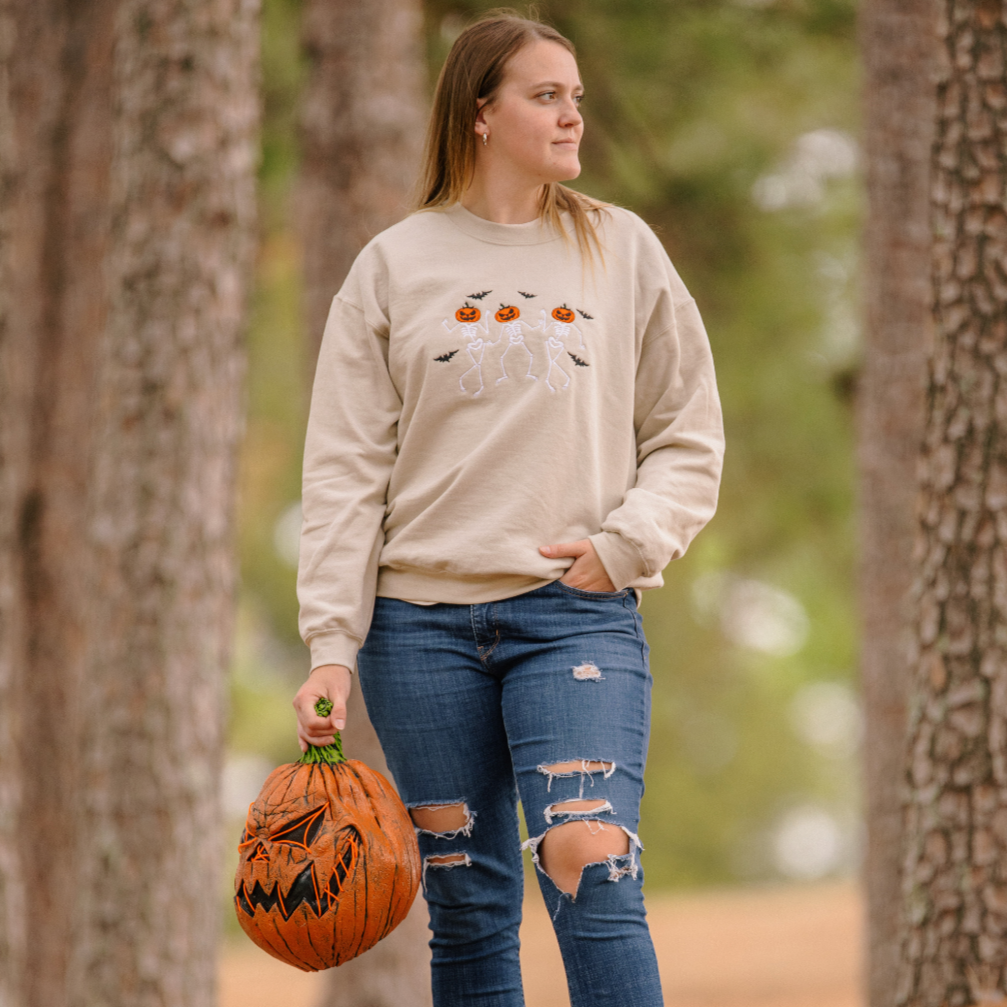 Pumpkin Head Dancing Skeletons Embroidered Crewneck Sweatshirt