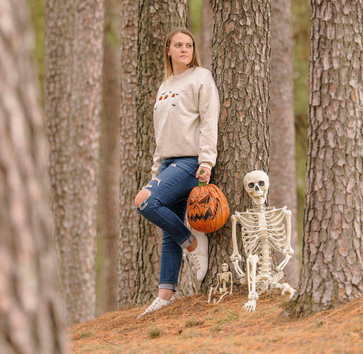 Pumpkin Head Dancing Skeletons Embroidered Crewneck Sweatshirt