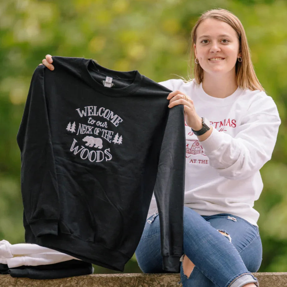 Welcome To Our Neck of The Woods Bear Embroidered Crewneck Sweatshirt - McKenzie's Infinity