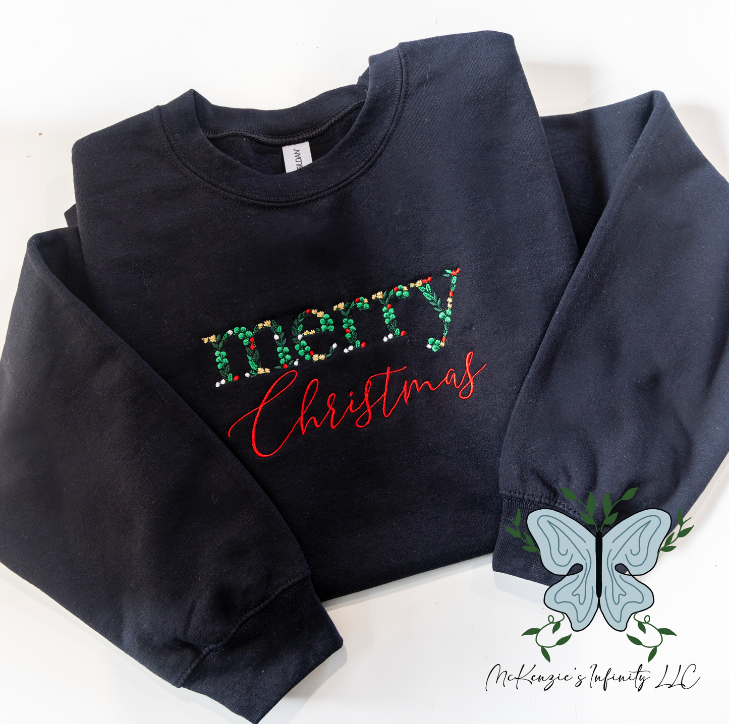 Merry Christmas Botanical Embroidered Black Crewneck Sweatshirt