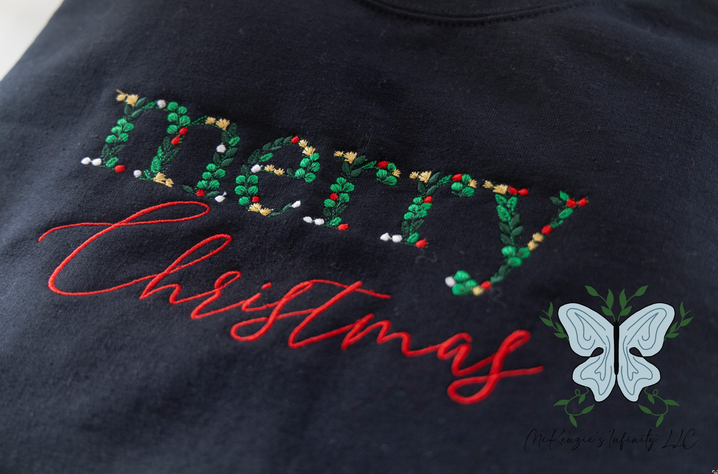 Merry Christmas Botanical Embroidered Black Crewneck Sweatshirt