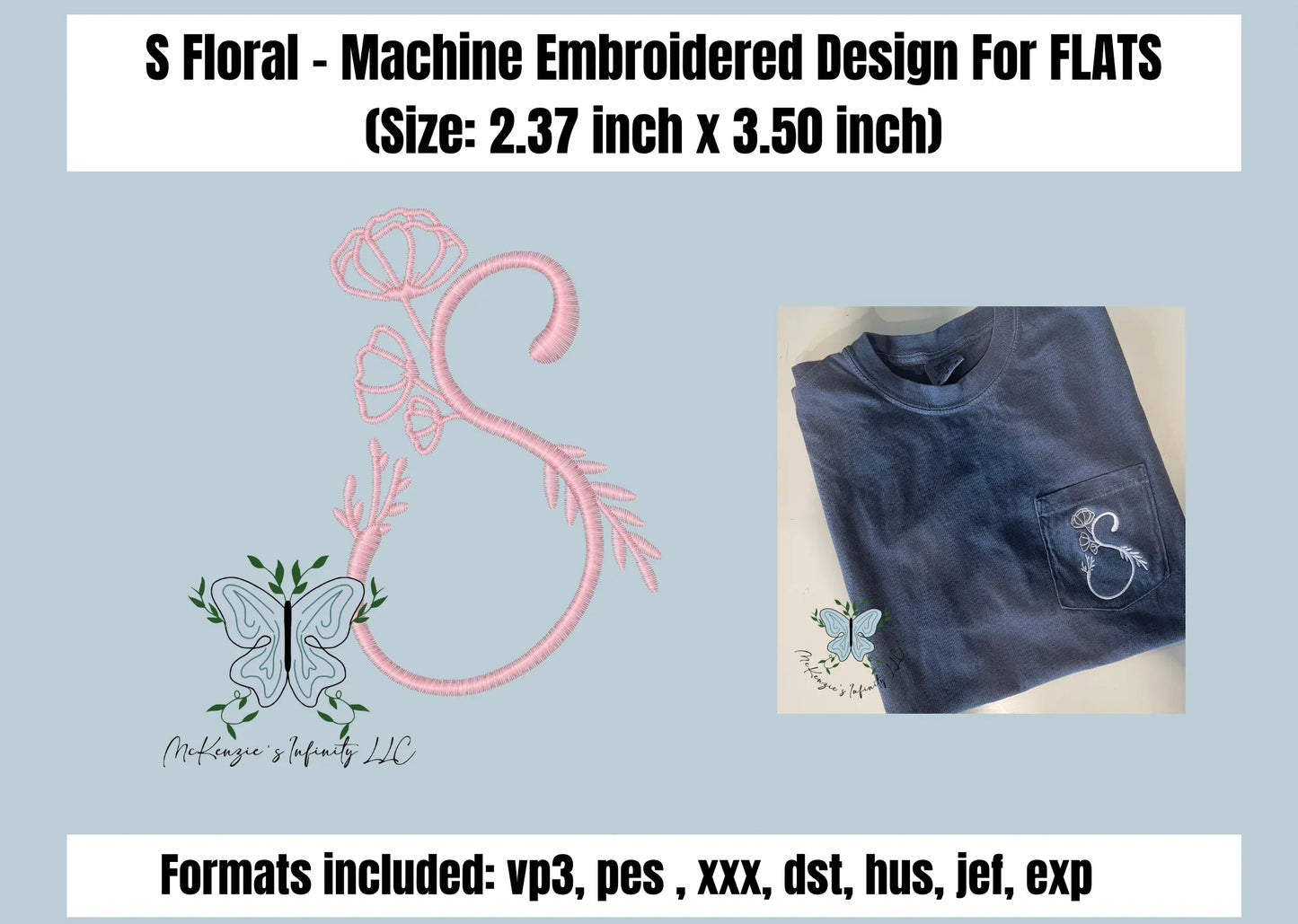 S Floral - Machine Embroidered Design For Flats - McKenzie's Infinity