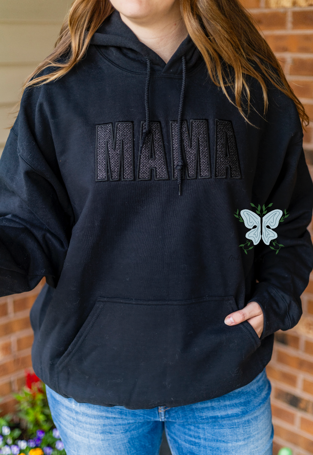 Mama Black Stitch Filled Embroidered Glitter Vinyl Hooded Sweatshirt