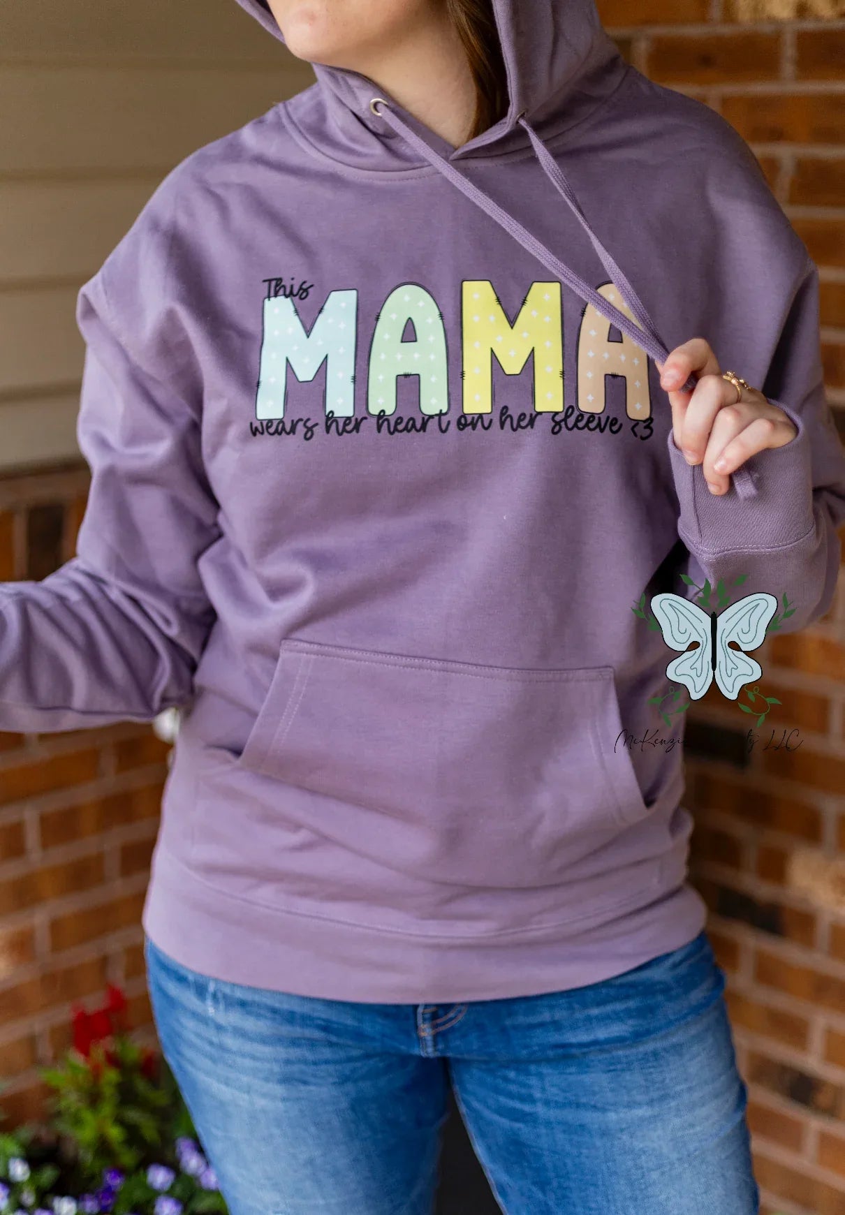 This Mama Wears Her Heart On Her Sleeve - Personalized Sleeve Hooded Sweatshirt - McKenzie's Infinity