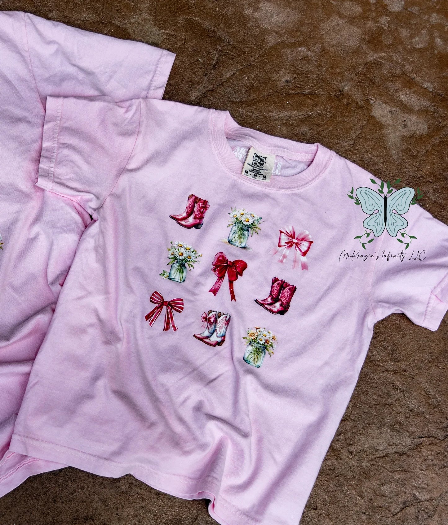 Western Bows & Boots Coquette Comfort Colors Blossom Pink T-shirt/Short Sleeve Shirt - McKenzie's Infinity