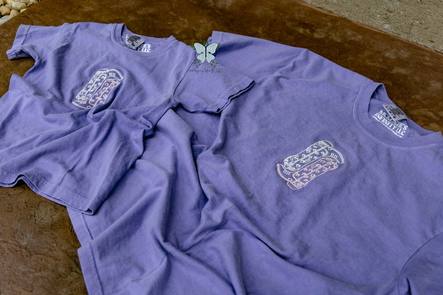 Knockin' Boots Violet Embroidered Comfort Colors T-shirt/Short Sleeve Shirt - McKenzie's Infinity