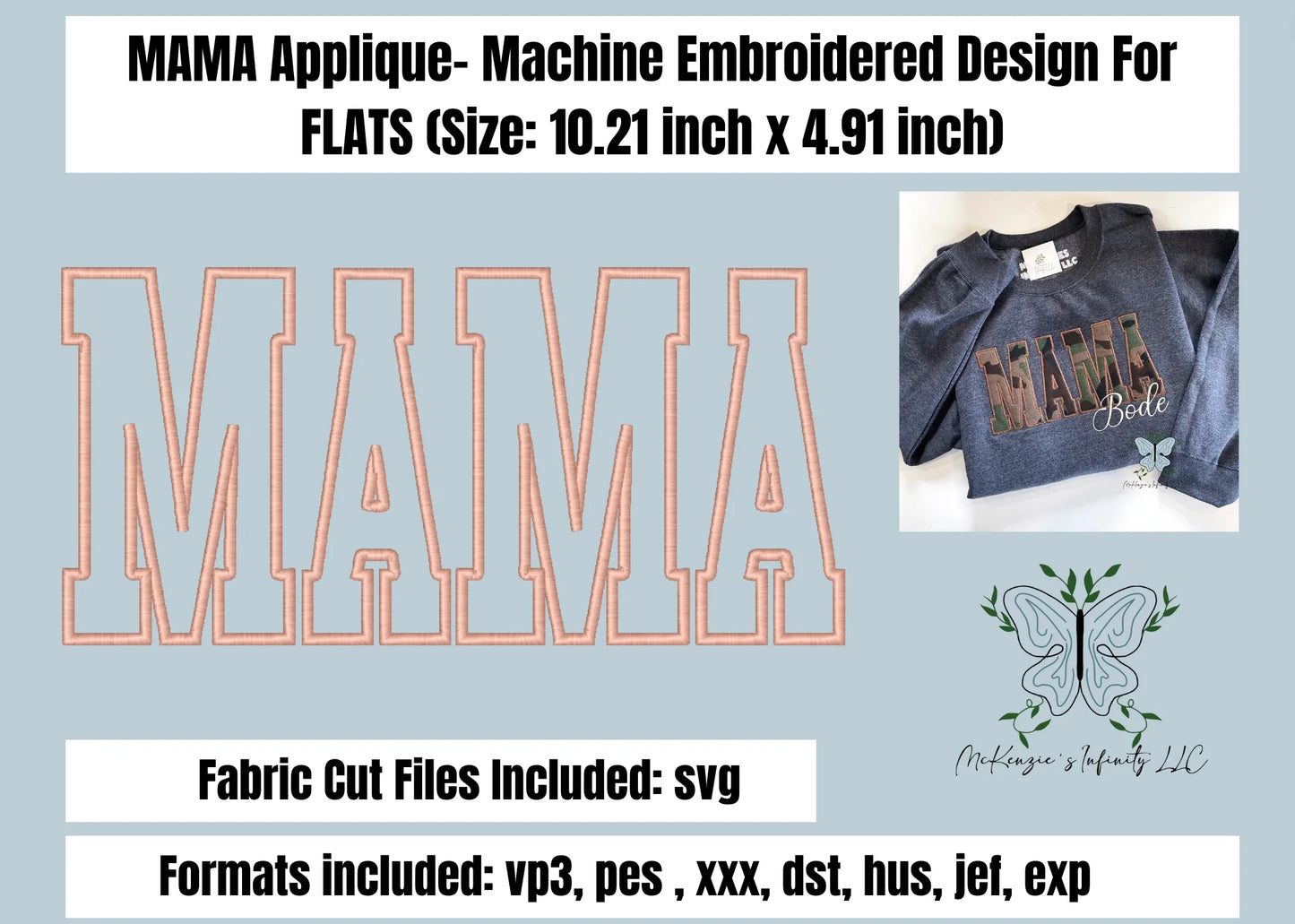 MAMA Applique Embroidery 10.25" - Machine Embroidered Design For Flats - McKenzie's Infinity