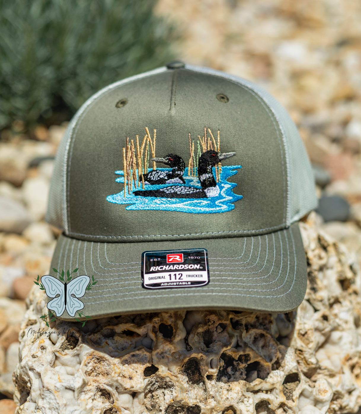 Two Loon Ducks In Reeds Embroidered Richardson 112 | 6 Panel Trucker Cap/Hat