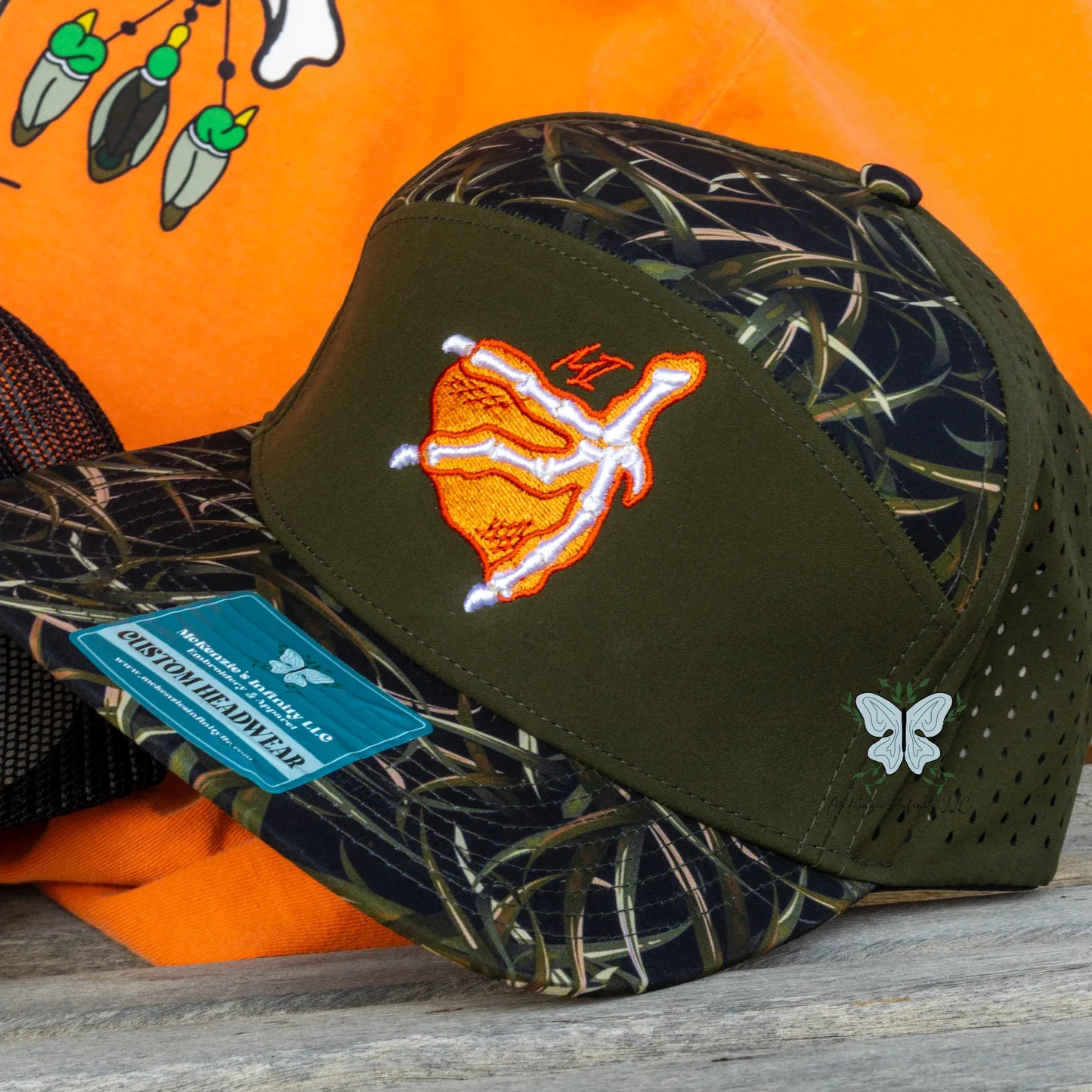"Finley" Skeleton Duck Foot - Embroidered 3D Puff Waterproof Midnight Marsh 7 Panel Hat ©️ - McKenzie's Infinity