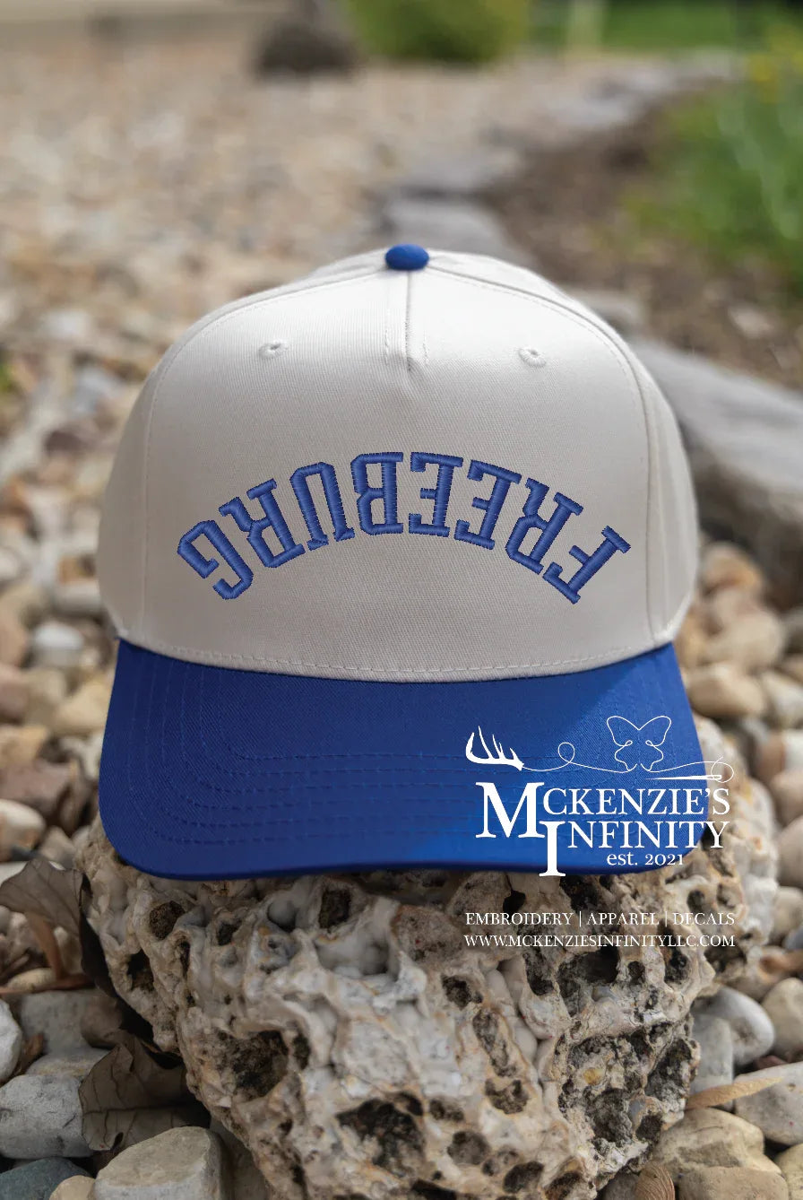 FREEBURG (BLUE) Upside Down Two-Toned Embroidered Mascot Hat/Cap (Dallas Style) - McKenzie's Infinity