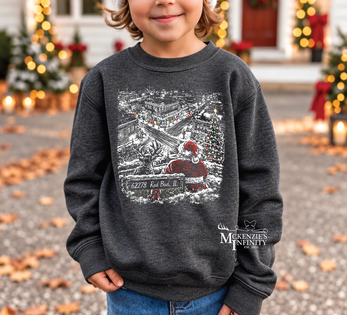 YOUTH Small Town Red Bud, IL Christmas Long Sleeve Graphic Crewneck Sweatshirt ©️