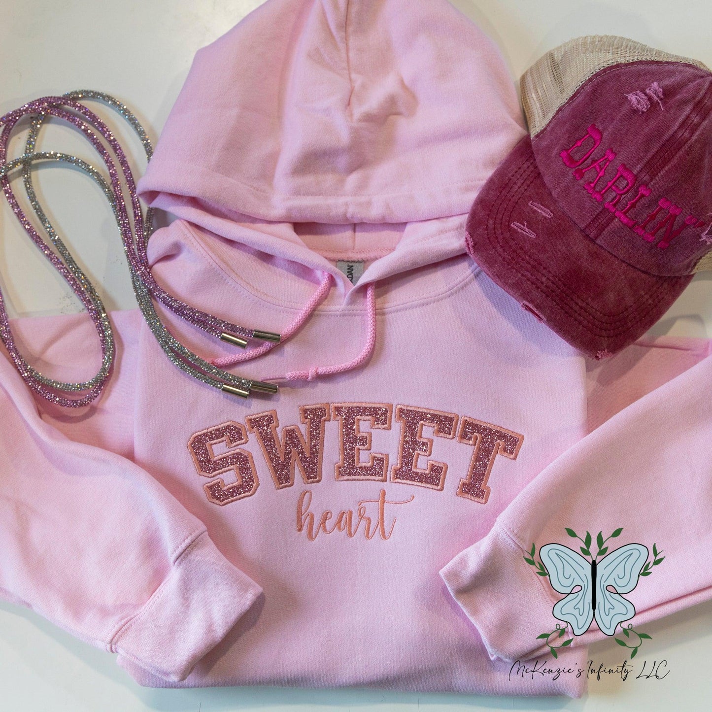 Sweet Heart Pink Embroidered/Vinyl Hooded Sweatshirt - McKenzie's Infinity