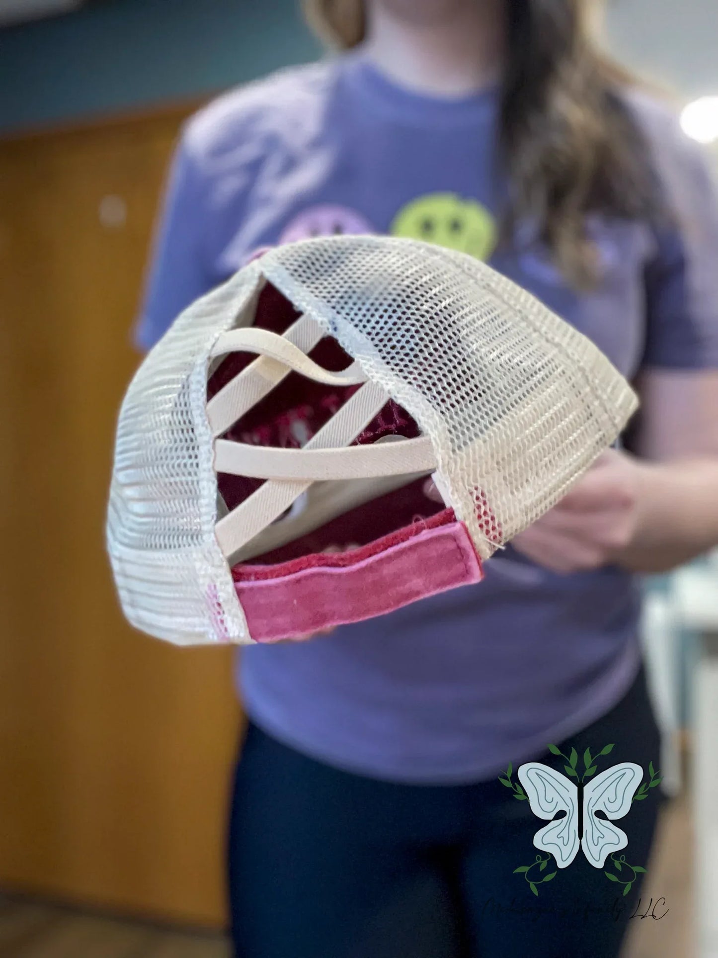 Women's Darlin' Burgundy Embroidered Criss Cross Back Ponytail Mesh Cap/Hat - McKenzie's Infinity
