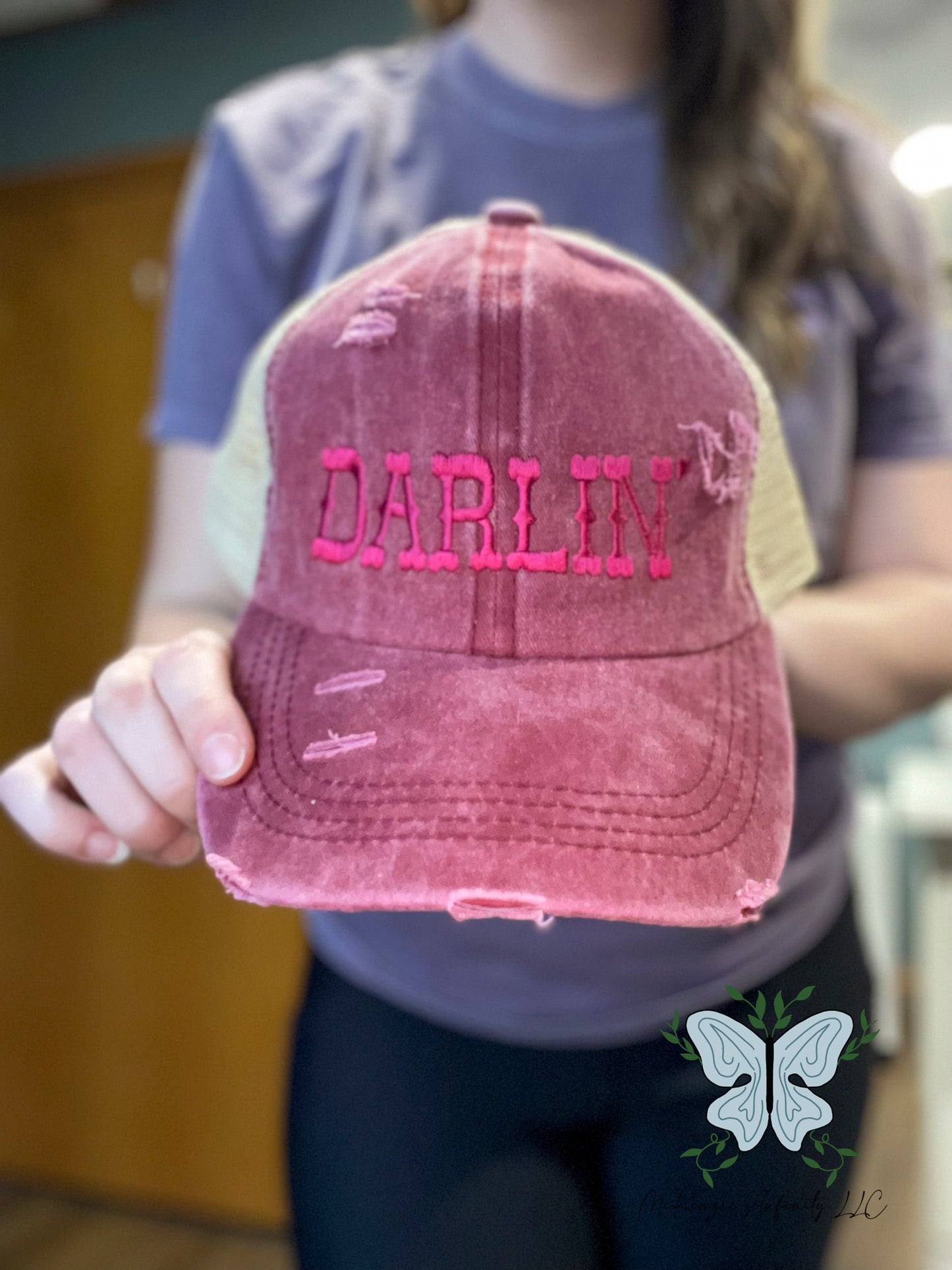 Women's Darlin' Burgundy Embroidered Criss Cross Back Ponytail Mesh Cap/Hat
