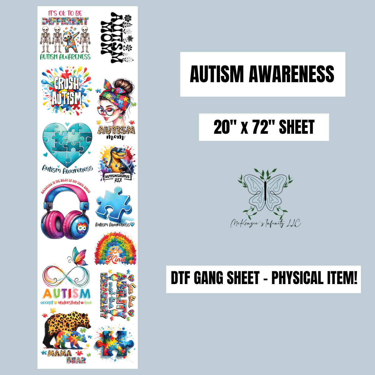 AUTISM AWARENESS PRE-MADE 20"x72" DTF GANG SHEET