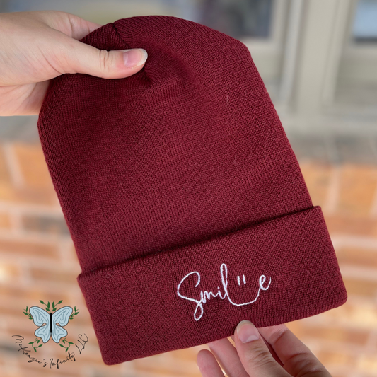 Smile Embroidered Beanie - Maroon