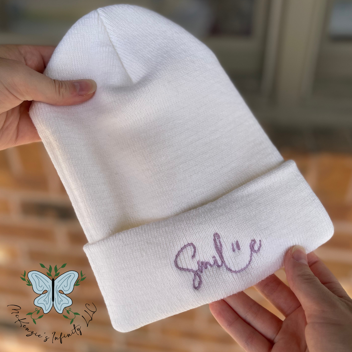 Smile Embroidered Beanie - White