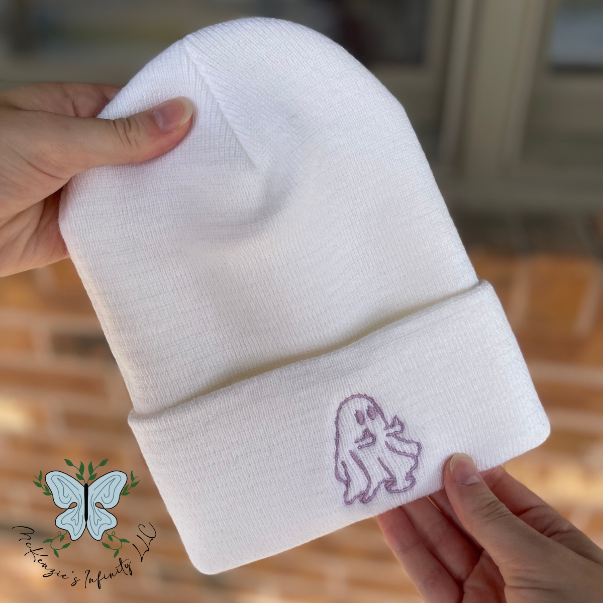 Middle Finger Ghost Embroidered Beanie - White