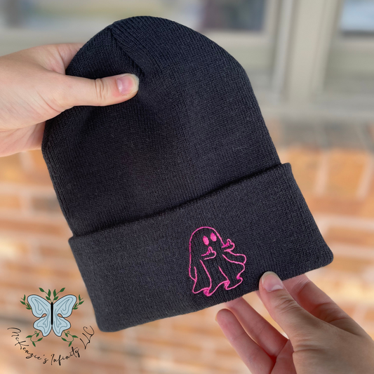 Middle Finger Ghost Embroidered Beanie - Black