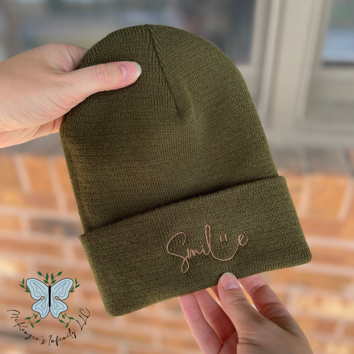 Smile Embroidered Beanie - Military Green