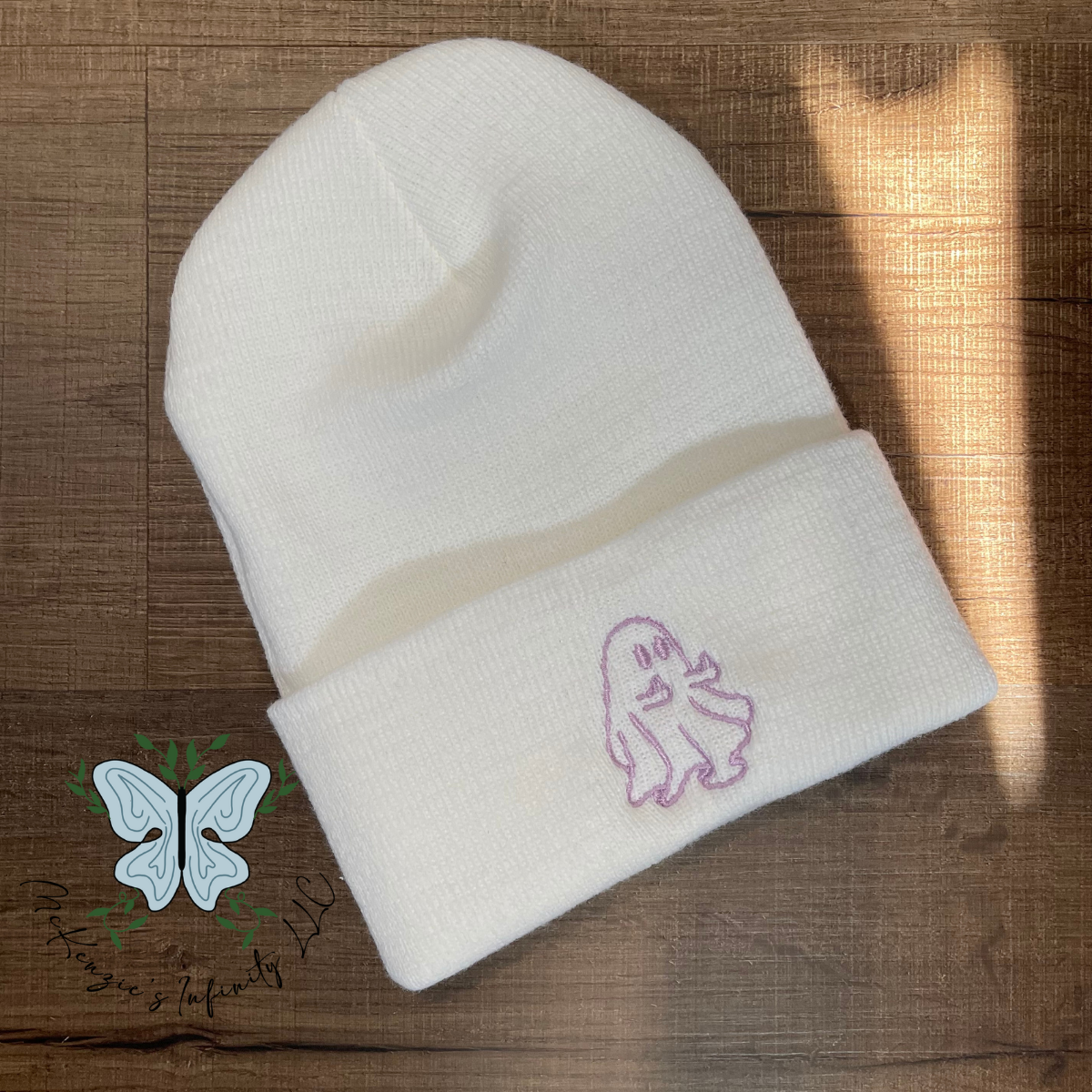 Middle Finger Ghost Embroidered Beanie - White