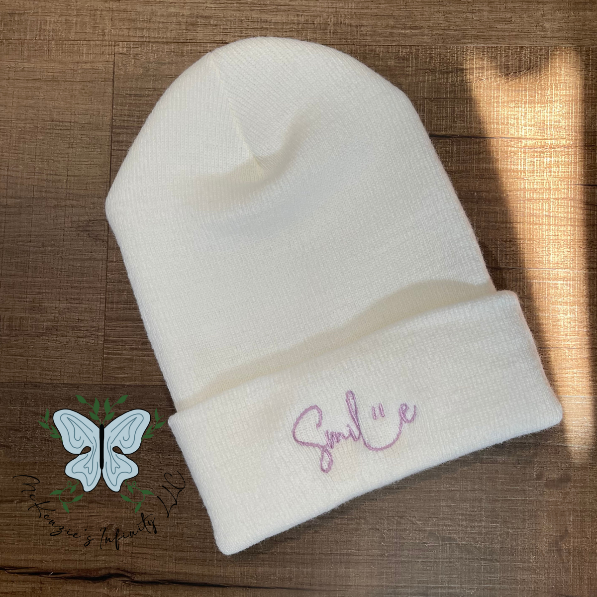 Smile Embroidered Beanie - White