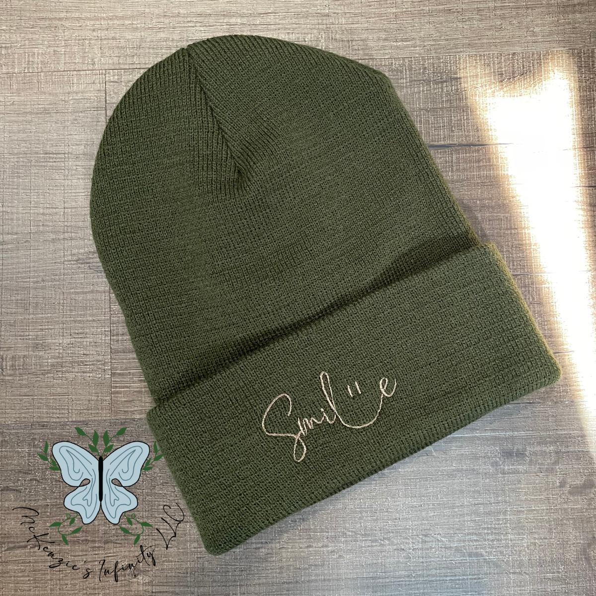 Smile Embroidered Beanie - Military Green