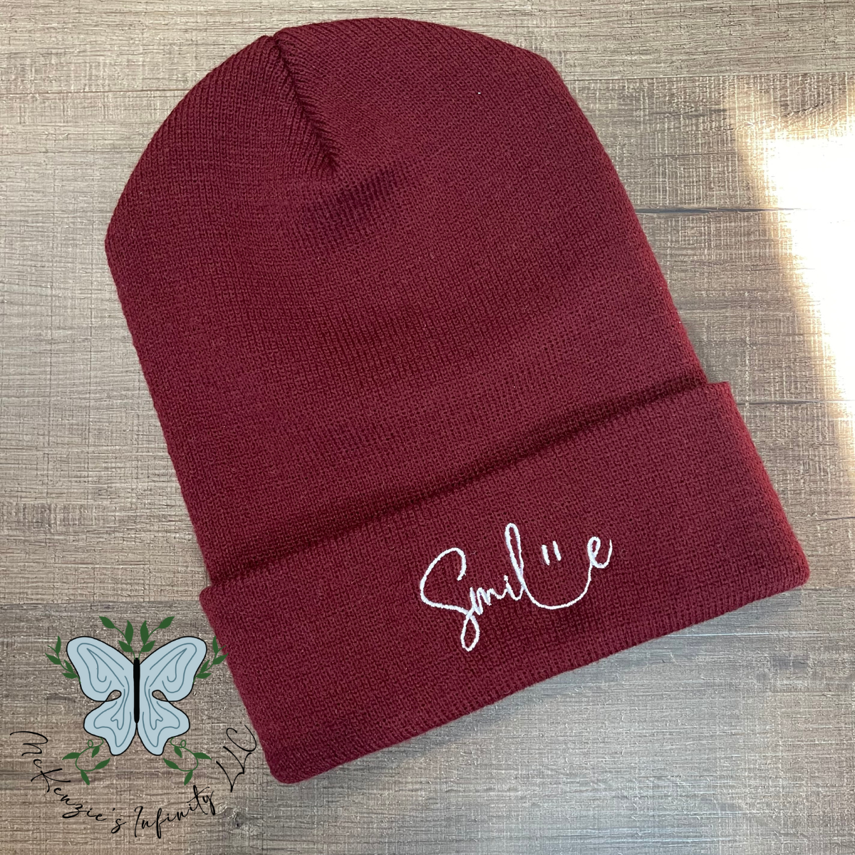 Smile Embroidered Beanie - Maroon