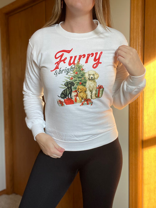 Furry & Bright Vintage Christmas Puppies Long Sleeve Graphic Crewneck