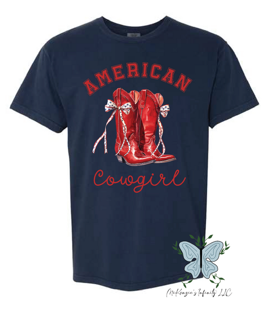 AMERICAN COWGIRL RED BOOTS  - TRUE NAVY COMFORT COLORS TEE/SHIRT