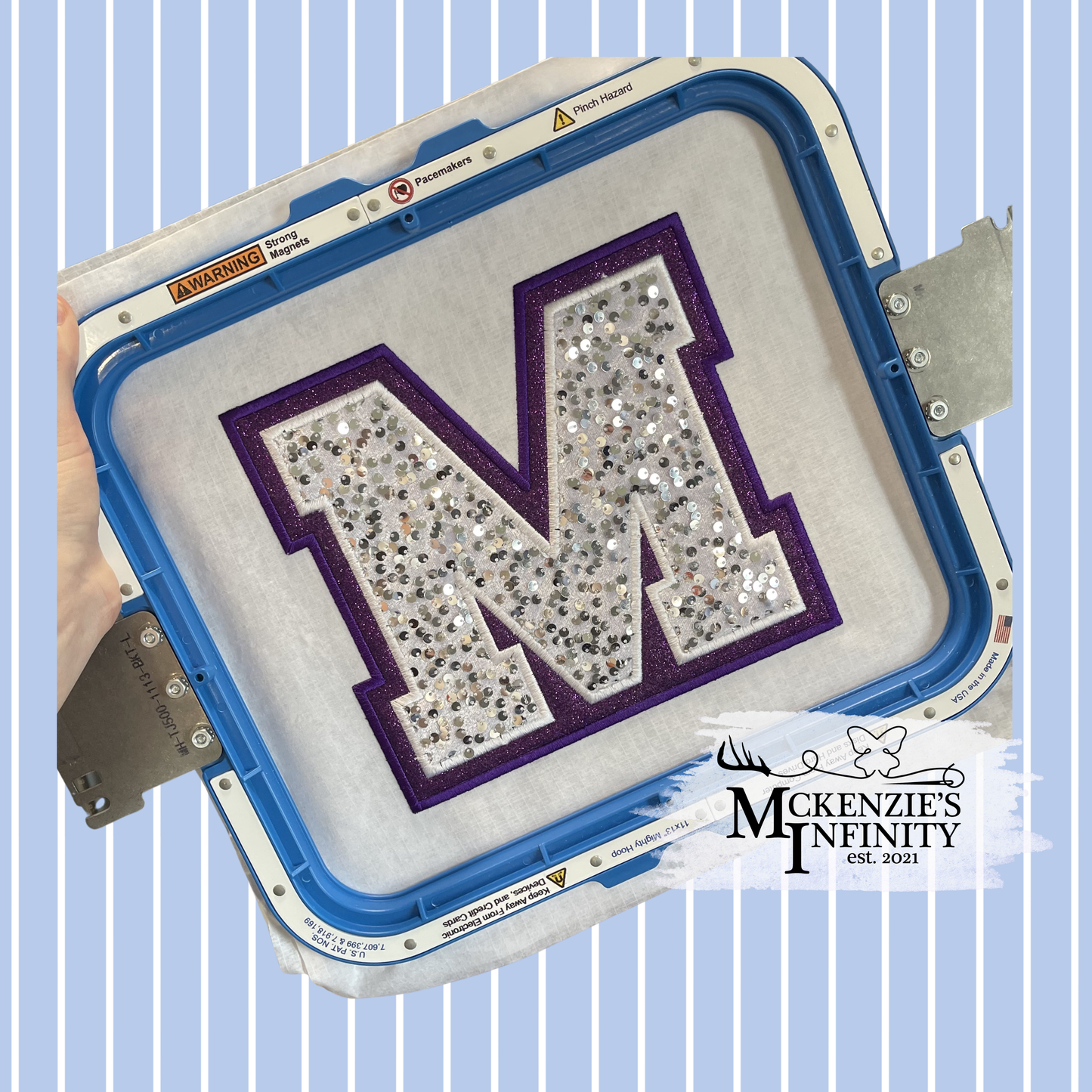 Varsity M Double Applique Satin Stitch Sequin Applique Embroidery Design, Lettered Embroidery Machine File